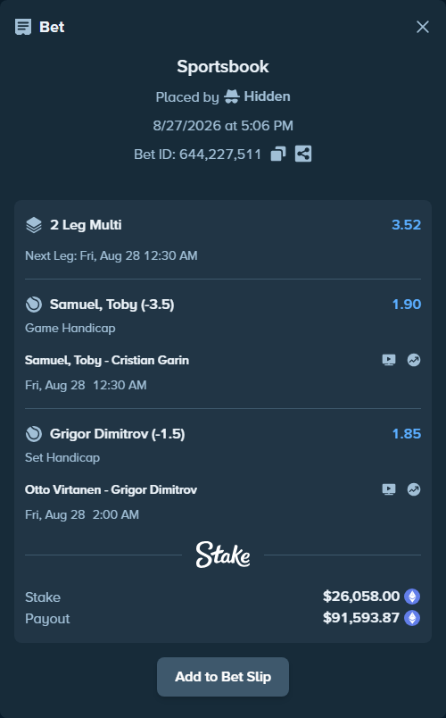Bet slip: Otto Virtanen - Grigor Dimitrov, $26,224.71 stake at 1.85 odds, placed by Hidden