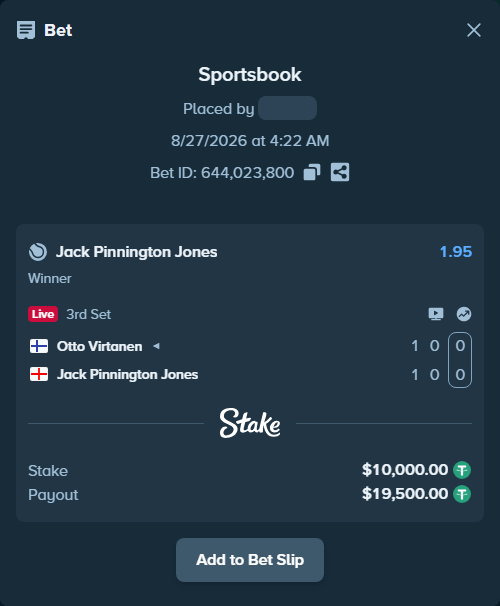 Bet slip: Otto Virtanen - Jack Pinnington Jones, $10,000.00 stake at 1.95 odds, placed by Jason8765