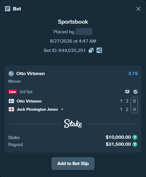 Bet slip: Otto Virtanen - Jack Pinnington Jones, $10,000.00 stake at 3.15 odds, placed by WinTr10