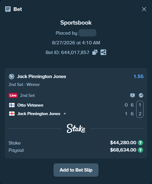 Bet slip: Otto Virtanen - Jack Pinnington Jones, $44,280.00 stake at 1.55 odds, placed by DooDLeZ1love