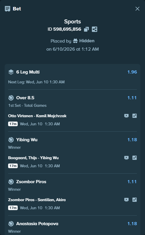 Bet slip: Otto Virtanen - Kamil Majchrzak, $10,718.99 stake at 1.11 odds, placed by Hidden