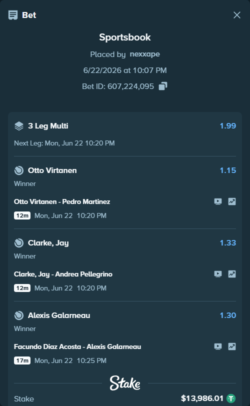 Bet slip: Otto Virtanen - Pedro Martinez, $14,000.00 stake at 1.15 odds, placed by nexxape