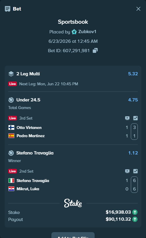 Bet slip: Otto Virtanen - Pedro Martinez, $16,954.97 stake at 4.75 odds, placed by Zubkov1