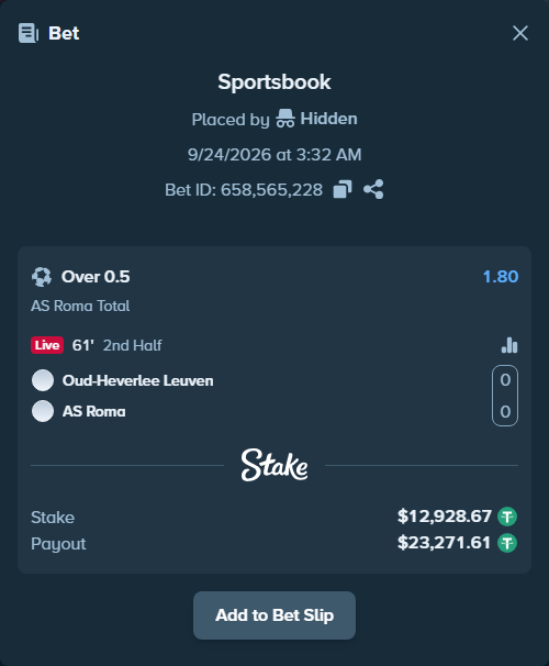 Bet slip: Oud-Heverlee Leuven - AS Roma, $12,928.67 stake at 1.80 odds, placed by Hidden