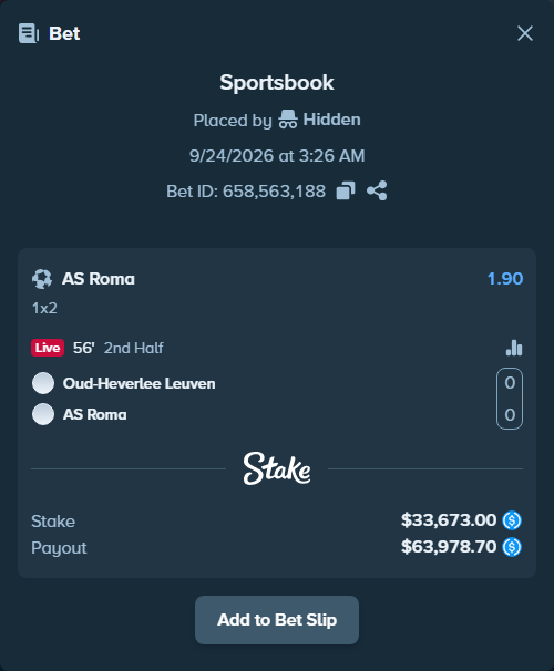 Bet slip: Oud-Heverlee Leuven - AS Roma, $33,673.00 stake at 1.90 odds, placed by Hidden