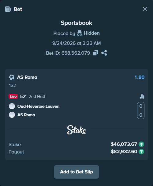 Bet slip: Oud-Heverlee Leuven - AS Roma, $46,073.67 stake at 1.80 odds, placed by Hidden