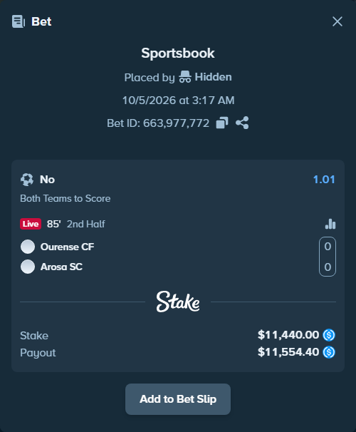 Bet slip: Ourense CF - Arosa SC, $11,440.00 stake at 1.01 odds, placed by doxxhopper93