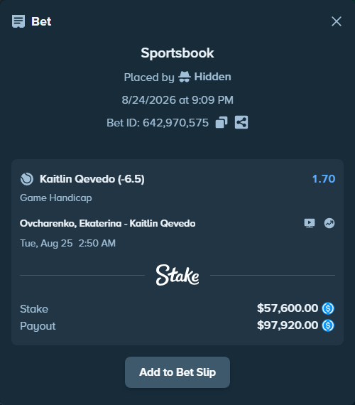 Bet slip: Ovcharenko, Ekaterina - Kaitlin Qevedo, $57,600.00 stake at 1.70 odds, placed by Hidden