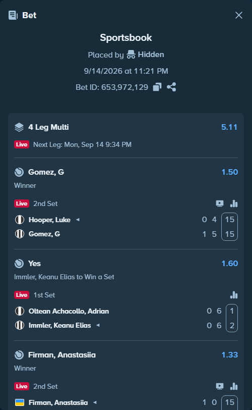 Bet slip: Overmyer, Kyle - Robin Eldin, $10,000.00 stake at 1.60 odds, placed by Hidden