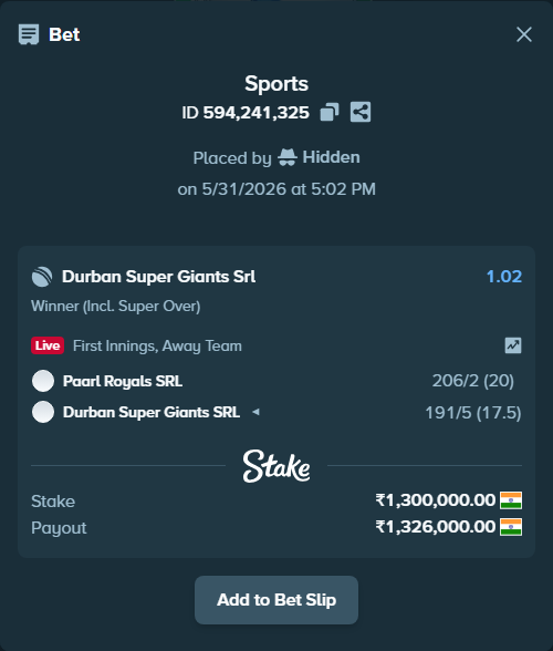 Bet slip: Paarl Royals SRL - Durban Super Giants SRL, $15,600.00 stake at 1.02 odds, placed by Hidden