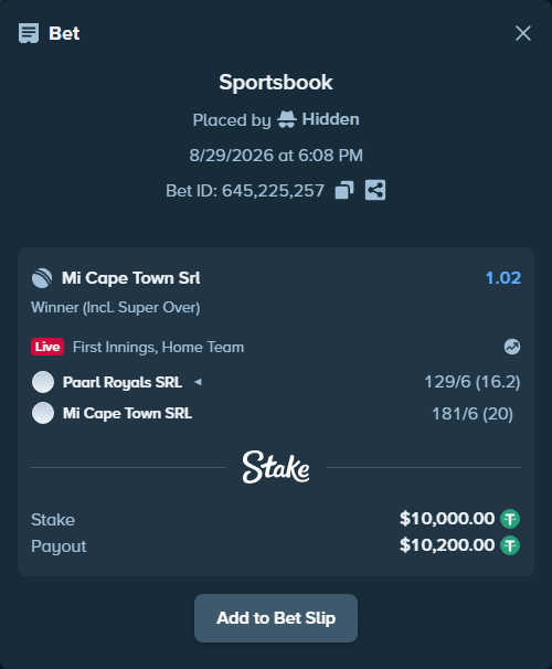 Bet slip: Paarl Royals SRL - Mi Cape Town SRL, $10,000.00 stake at 1.02 odds, placed by Hidden