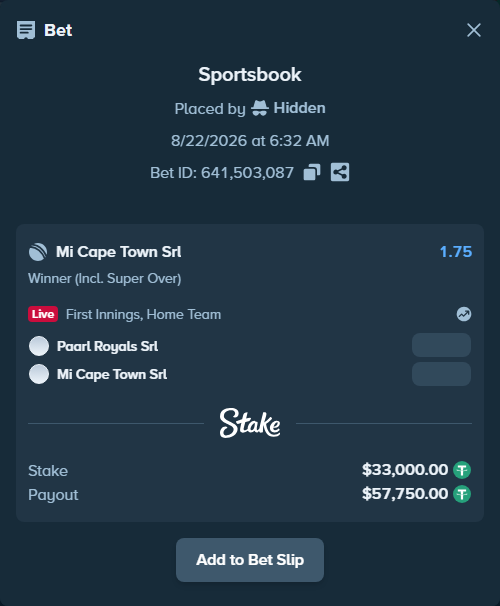 Bet slip: Paarl Royals SRL - Mi Cape Town SRL, $33,000.00 stake at 1.75 odds, placed by Hidden