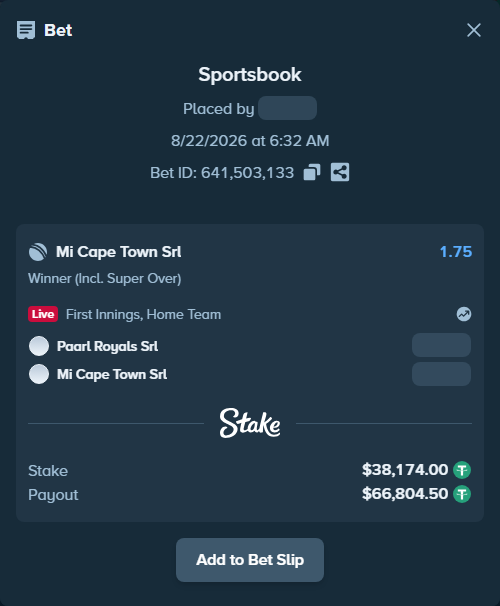 Bet slip: Paarl Royals SRL - Mi Cape Town SRL, $38,174.00 stake at 1.75 odds, placed by riaggo1