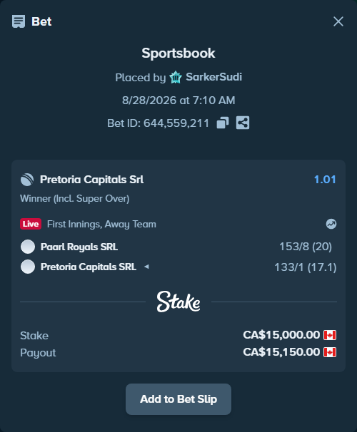 Bet slip: Paarl Royals SRL - Pretoria Capitals SRL, $11,100.00 stake at 1.01 odds, placed by SarkerSudi
