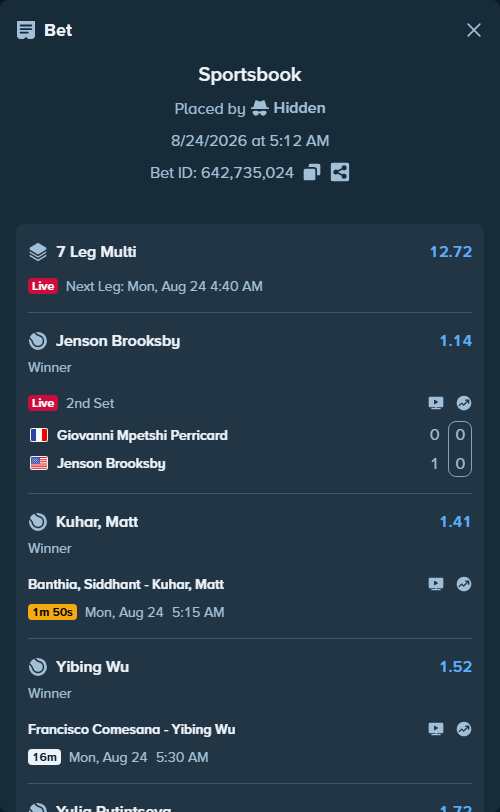 Bet slip: Pablo Carreno-Busta - Adolfo Daniel Vallejo, $10,000.00 stake at 1.70 odds, placed by Hidden