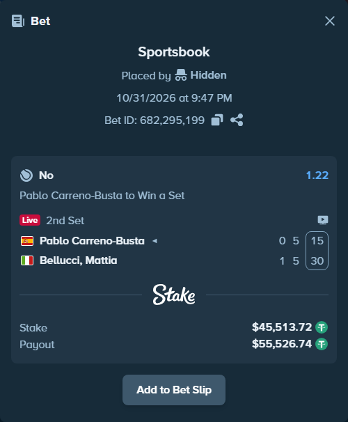 Bet slip: Pablo Carreno-Busta - Bellucci, Mattia, $45,559.23 stake at 1.22 odds, placed by Hidden