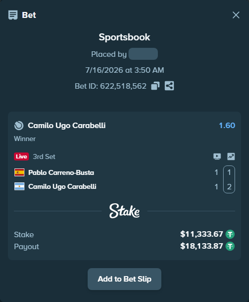 Bet slip: Pablo Carreno-Busta - Camilo Ugo Carabelli, $11,345.00 stake at 1.60 odds, placed by WinTr10