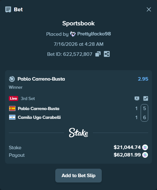 Bet slip: Pablo Carreno-Busta - Camilo Ugo Carabelli, $19,697.66 stake at 2.95 odds, placed by Prettylfacko98