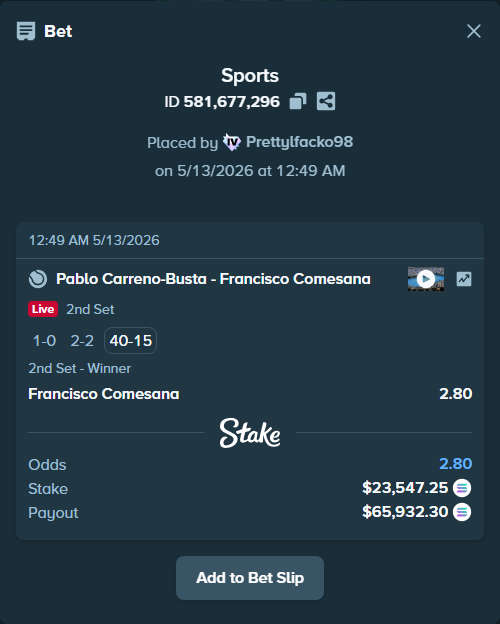 Bet slip: Pablo Carreno-Busta - Francisco Comesana, $18,216.38 stake at 2.80 odds, placed by Prettylfacko98
