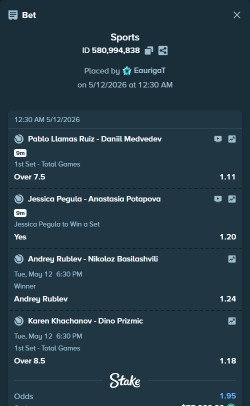 Bet slip: Pablo Llamas Ruiz - Daniil Medvedev, $75,000.00 stake at 1.11 odds, placed by EaurigaT