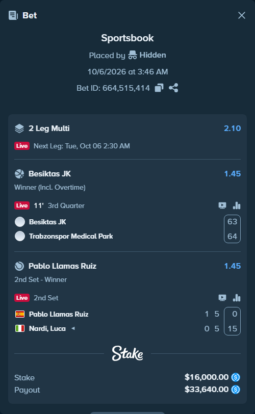 Bet slip: Pablo Llamas Ruiz - Nardi, Luca, $16,000.00 stake at 1.45 odds, placed by Hidden