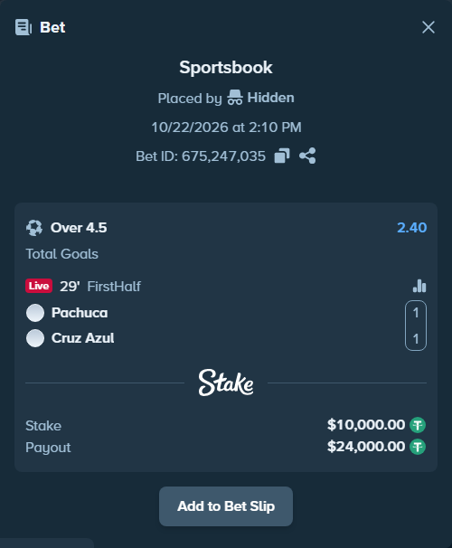 Bet slip: Pachuca - CF Cruz Azul, $10,010.00 stake at 2.40 odds, placed by bozkurtua