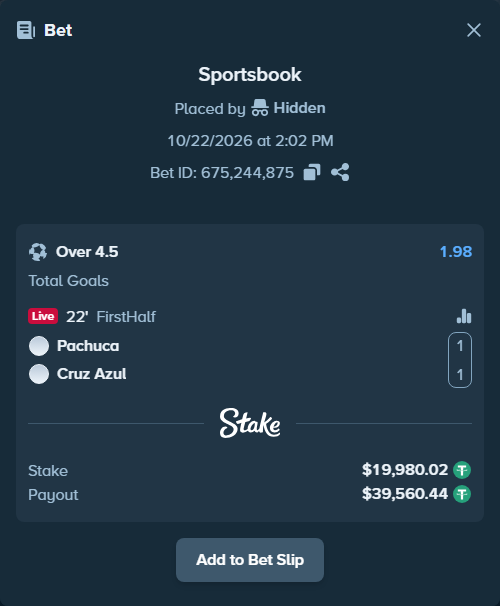 Bet slip: Pachuca - CF Cruz Azul, $20,000.00 stake at 1.98 odds, placed by tlwns4736