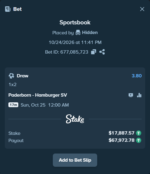 Bet slip: Paderborn - Hamburger SV, $17,905.46 stake at 3.80 odds, placed by Hidden