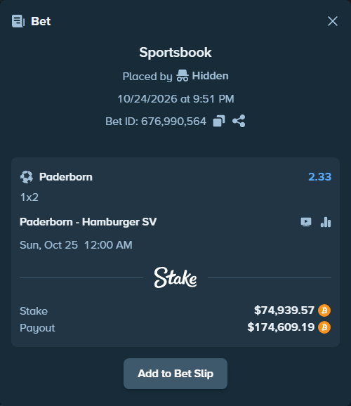 Bet slip: Paderborn - Hamburger SV, $74,714.34 stake at 2.33 odds, placed by Lilyoung07