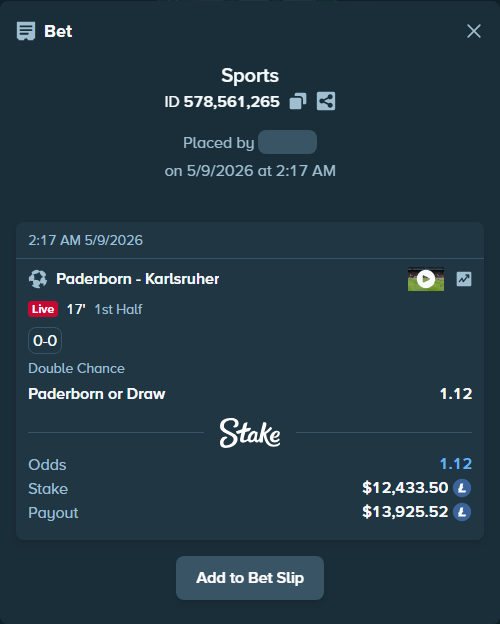 Bet slip: Paderborn - Karlsruher, $9,610.66 stake at 1.12 odds, placed by geronimo1980