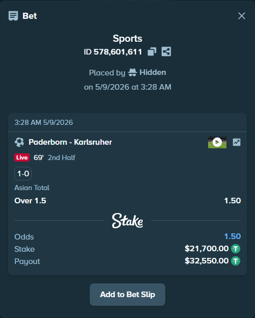 Bet slip: Paderborn - Karlsruher, $21,700.00 stake at 1.50 odds, placed by Hidden