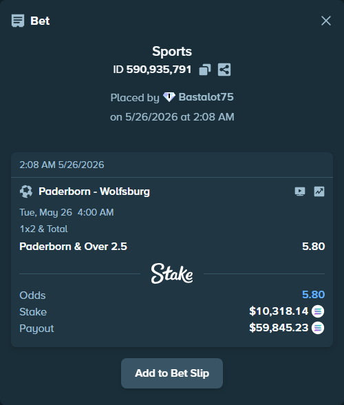 Bet slip: Paderborn - Wolfsburg, $8,809.20 stake at 5.80 odds, placed by Bastalot75