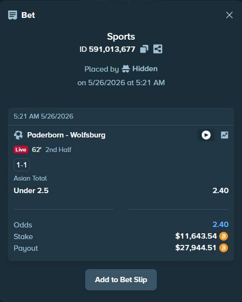 Bet slip: Paderborn - Wolfsburg, $9,677.46 stake at 2.40 odds, placed by Hophi777