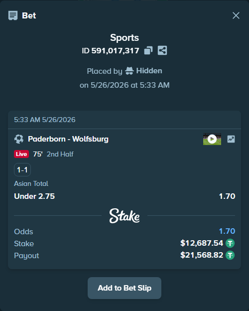 Bet slip: Paderborn - Wolfsburg, $12,687.54 stake at 1.70 odds, placed by Hidden