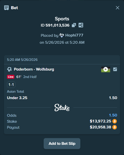 Bet slip: Paderborn - Wolfsburg, $11,612.95 stake at 1.50 odds, placed by Hophi777