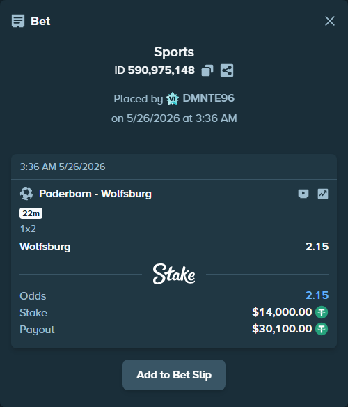 Bet slip: Paderborn - Wolfsburg, $14,000.00 stake at 2.15 odds, placed by DMNTE96