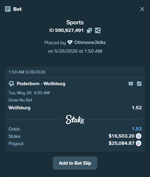 Bet slip: Paderborn - Wolfsburg, $14,065.52 stake at 1.52 odds, placed by Othmane2kiks
