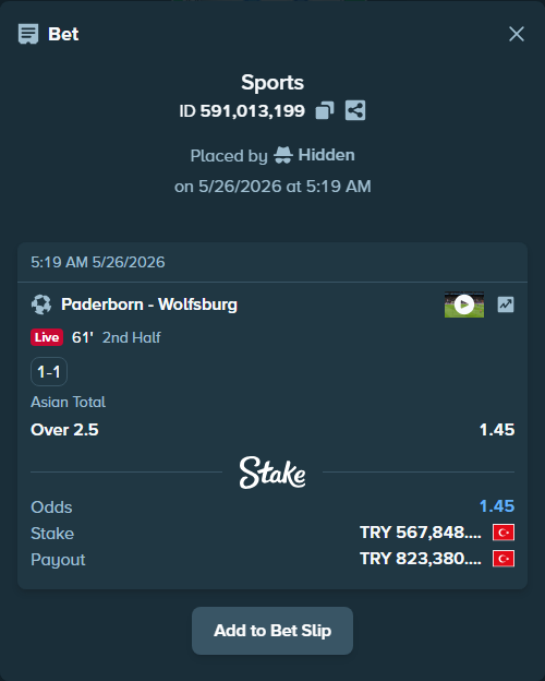 Bet slip: Paderborn - Wolfsburg, $17,035.46 stake at 1.45 odds, placed by Hidden