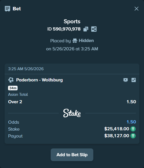 Bet slip: Paderborn - Wolfsburg, $25,418.00 stake at 1.50 odds, placed by Hidden