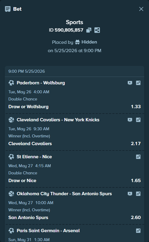 Bet slip: Paderborn - Wolfsburg, $30,000.00 stake at 1.33 odds, placed by Hidden