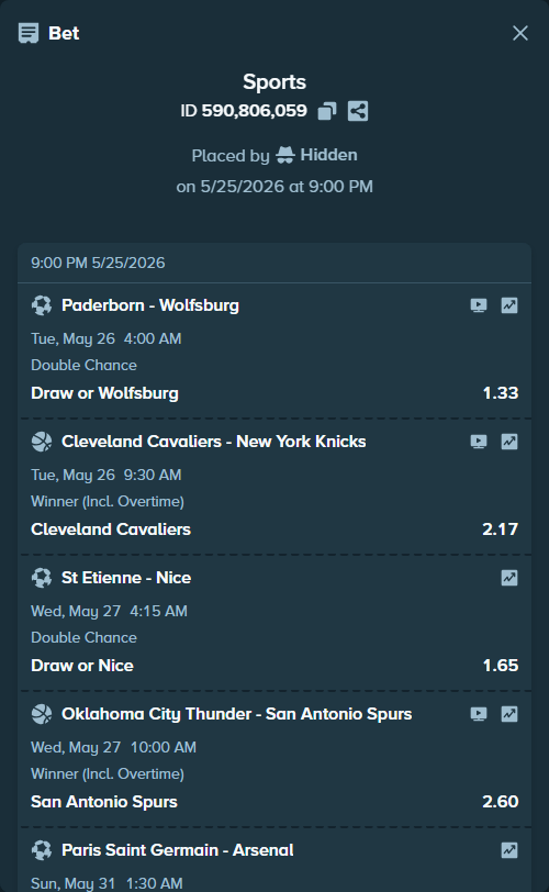 Bet slip: Paderborn - Wolfsburg, $30,000.00 stake at 1.33 odds, placed by Hidden