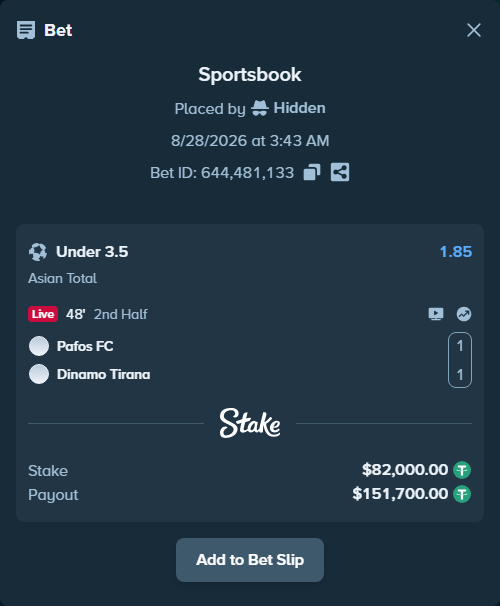 Bet slip: Pafos FC - FC Dinamo City, $82,000.00 stake at 1.85 odds, placed by Hidden