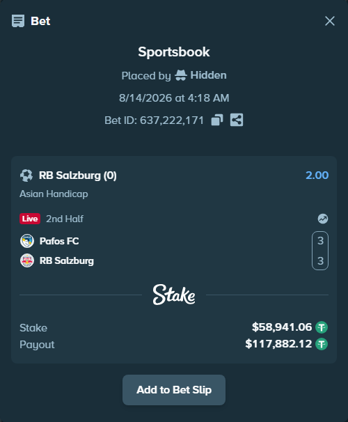 Bet slip: Pafos FC - RB Salzburg, $59,000.00 stake at 2.00 odds, placed by Hidden