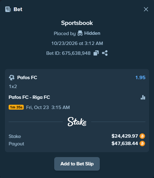 Bet slip: Pafos FC - Riga FC, $24,395.70 stake at 1.95 odds, placed by Lilyoung07