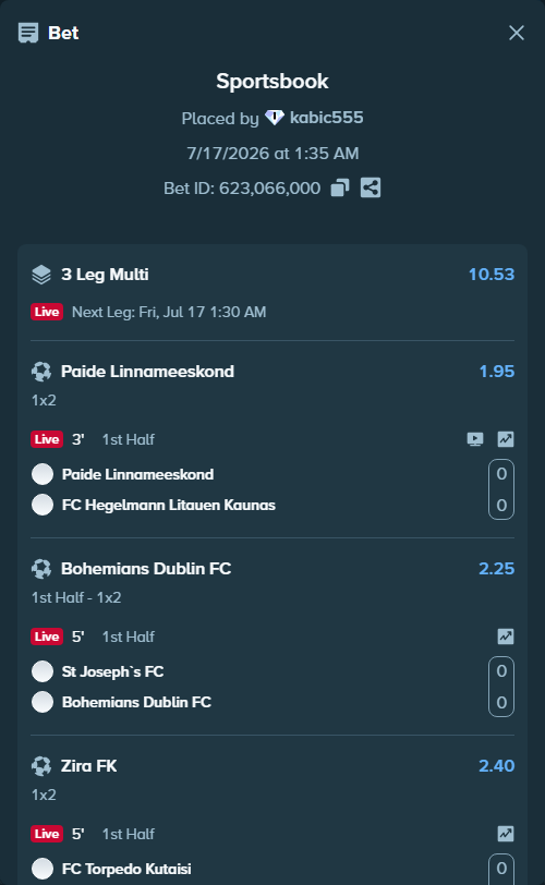 Bet slip: Paide Linnameeskond - FC Hegelmann Kaunas, $20,837.78 stake at 1.95 odds, placed by kabic555