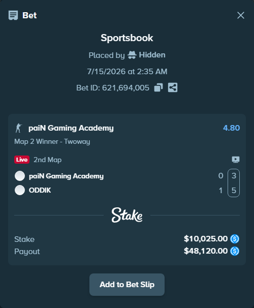 Bet slip: paiN Gaming Academy - ODDIK, $10,025.00 stake at 4.80 odds, placed by Hidden