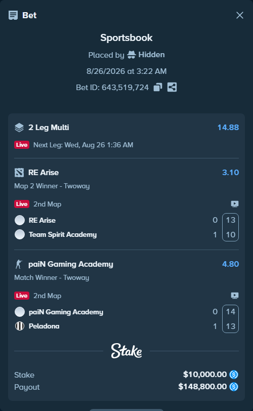 Bet slip: paiN Gaming Academy - Peladona, $10,000.00 stake at 4.80 odds, placed by Hidden