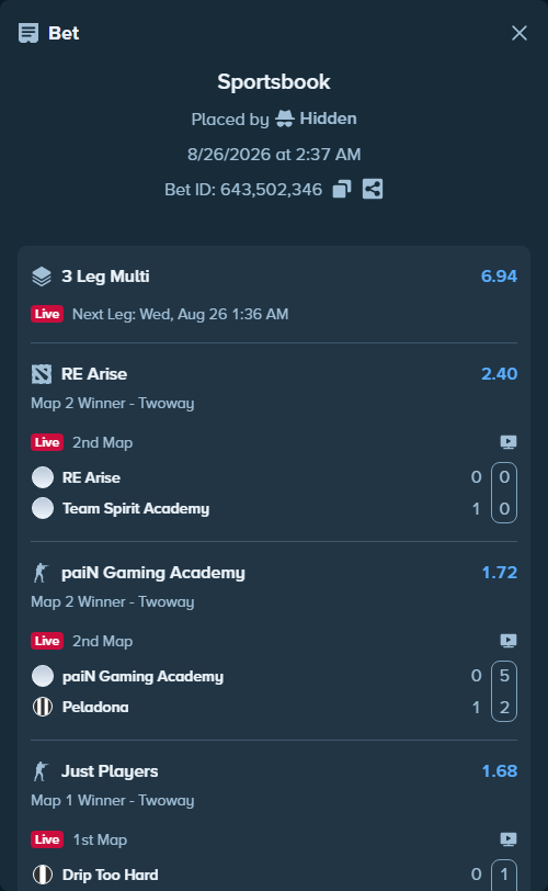 Bet slip: paiN Gaming Academy - Peladona, $30,000.00 stake at 1.72 odds, placed by Hidden