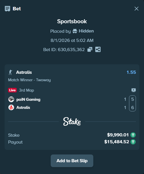 Bet slip: paiN Gaming - Astralis, $10,000.00 stake at 1.55 odds, placed by Hidden