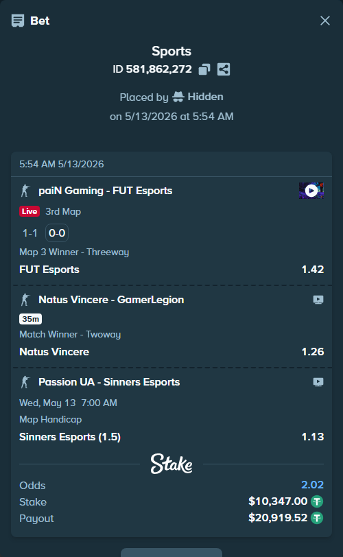 Bet slip: paiN Gaming - FUT Esports, $10,347.00 stake at 1.42 odds, placed by Hidden